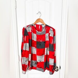 NICOLA Red and Grey Pattern Blouse Size 14